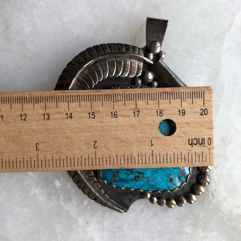 Vintage Native American Signed Navaho Sterling Silver Turquoise Nugget Pendant - Picture 6 of 11